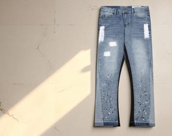 Jeans Y2K com respingos de tinta, jeans rasgado grunge com perna larga, calças hip hop, calças streetwear