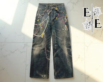 Calça jeans larga com estampa de corrente Y2K: jeans lavado grunge de perna larga