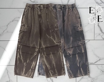 Wide Leg Cotton Blend Cargo Pants: Unisex Drawstring Streetwear