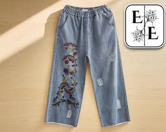 Calça jeans cropped retrô bordada de perna larga, calça de verão estilo vintage, bordado floral artístico
