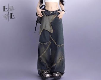 Gewaschene Jeans Hose | Weites Bein Jeans-Stil | Straße Oberbekleidung Mode Kleidung
