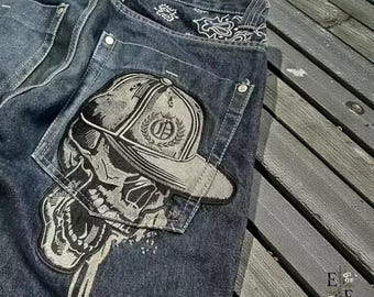 Street Fashion Trend Skull Embroidered Jeans, Women Harajuku Y2K New Hip Hop Joker Straight Wide-leg Pants, Couple Casual Jeans