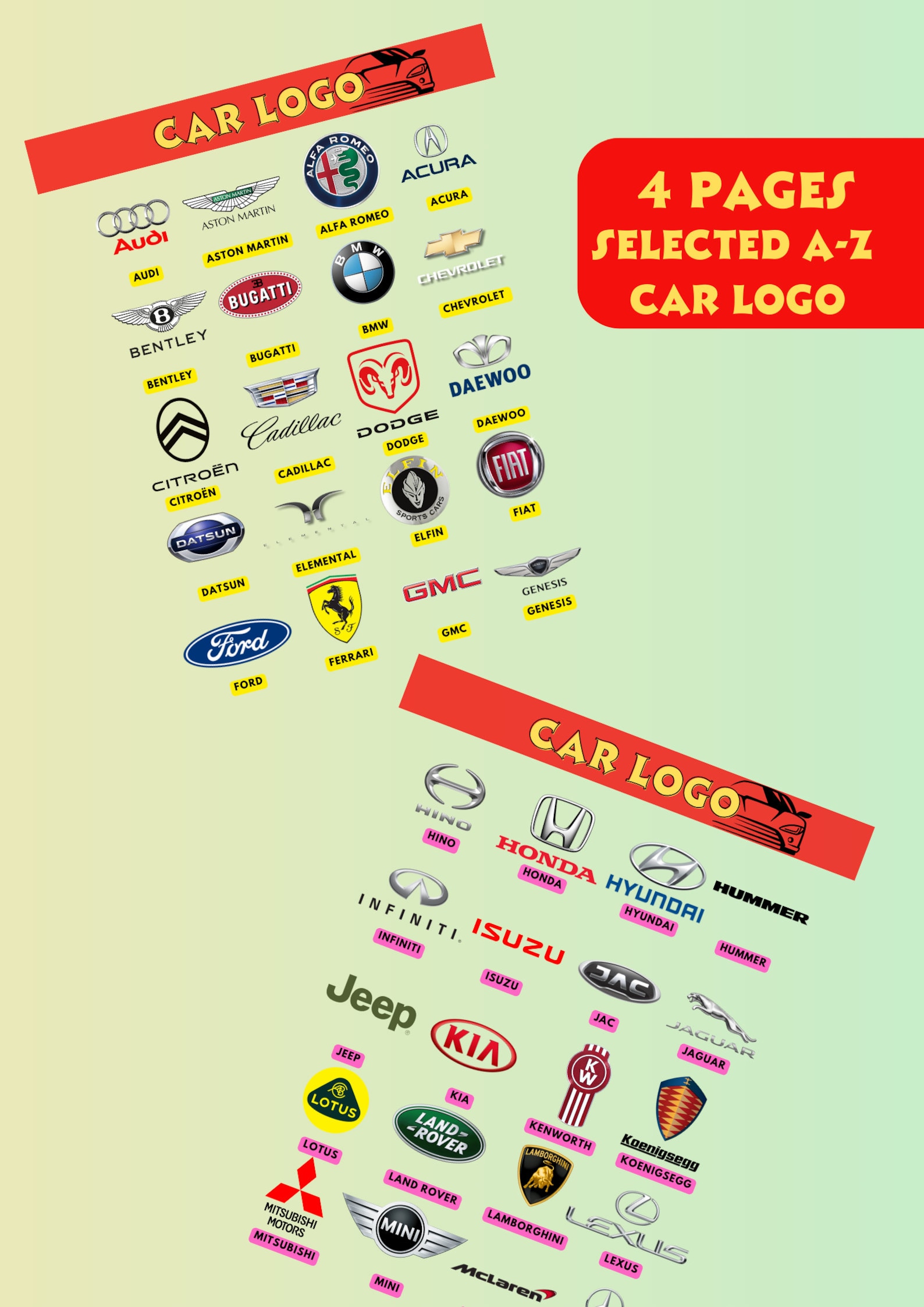 A-z Car Logo Learning Sheets/ Digital PDF Product/ Printable - Etsy