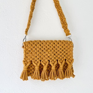 Sac à bandoulière en macramé fait main : sac à main en coton jaune moutarde