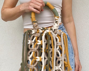 Nettas macramé, handgemaakte draagtas van katoenen touw, handtas boho-franje, kleine geweven festivaltas, geweven minihandtas