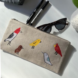 Birds Zipper Pouch, Embroidered, Multicolor, Linen, Cardinal, Nuthatch, Titmouse [Free Shipping]