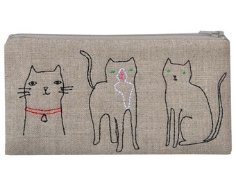 Cats Pouch, Embroidered Linen Zipper Pouch [Free Shipping]