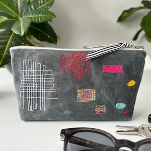 Bolsa de cremallera bordada, parches, abstracto, lienzo encerado [Envío gratis]