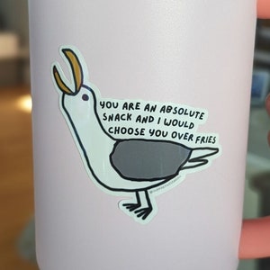 La Gaviota solidaria piensa: &quot;Eres un bocado perfecto y te elegiría antes que a las papas fritas&quot; / Pegatina linda, pegatina divertida, pegatina de gaviota