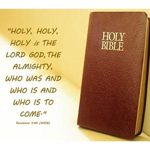 May include: A brown leather-bound Holy Bible with gold-edged pages, leaning against a light yellow wall. The cover features the title "HOLY BIBLE" in white lettering. Text from Revelation 4:8b is displayed on the left side of the image.
