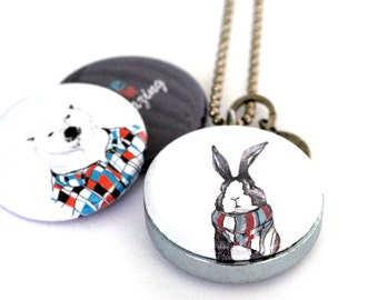 Rabbit Locket, Polar Bear Necklace, Animals in Clothes - Recycled Steel, Magnetic, Custom Stamped Initial - Corella Design and Polarity