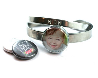 Child Photo MOM Bangle Bracelet | Stackable Bracelet - Interchangeable Lids, YOUR Child's Picture, Mom Quotes, Adjustable, Stamped Initial
