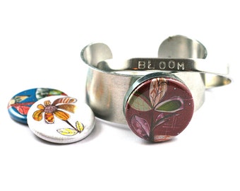 Floral Cuff Bracelet, Gift for Her | BONUS Bangle Stamped with word BLOOM | Magnetic, Interchangeable Lids, Flower Cuff, Custom Initial