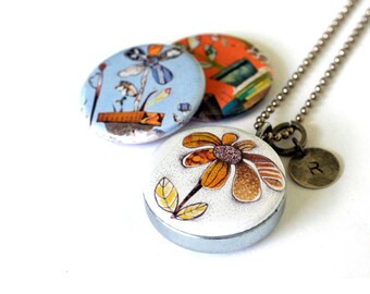 Flowers Magnetic Necklace, Custom Stamped Locket, Collage Flowers, Silver Steel, Blue, Orange Florals, Jennifer Johansson and Polarity