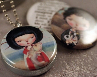 Imagination Locket with Dilkabear Artwork- Asian Girl, Fish, Boy, Boston Terrier - Eco Friendly by Polarity and Dilkabear