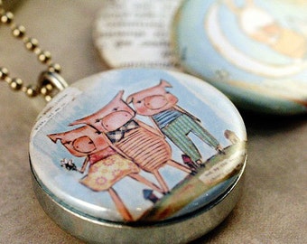 Nursery Rhyme Jewelry, Nursery Rhymes Locket Necklace, Three Little Pigs Jewelry, Locket for Young Girl, Upcycled Polarity, Pbsartstudio Art