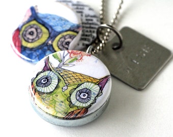 Owl Jewelry, Owl Locket Necklace, Owl Art Locket, Art Locket Necklace, Stamped Necklace, Owl Lover Gift, Owl Art Picture Locket, Corid