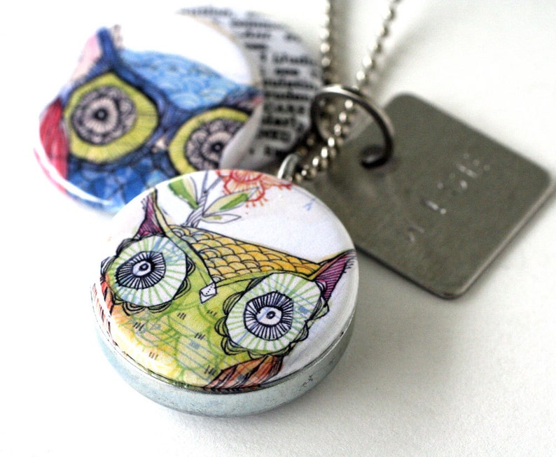 Owl Jewelry, Owl Locket Necklace, Owl Art Locket, Art Locket Necklace, Stamped Necklace, Owl Lover Gift, Owl Art Picture Locket, Corid image 1