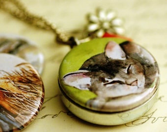 Cat Locket Necklace - Beaded Locket, Robin, Elephant, Magnetic Jewelry with 3 Interchangeable Lids by Polarity & Rachelle Levingston