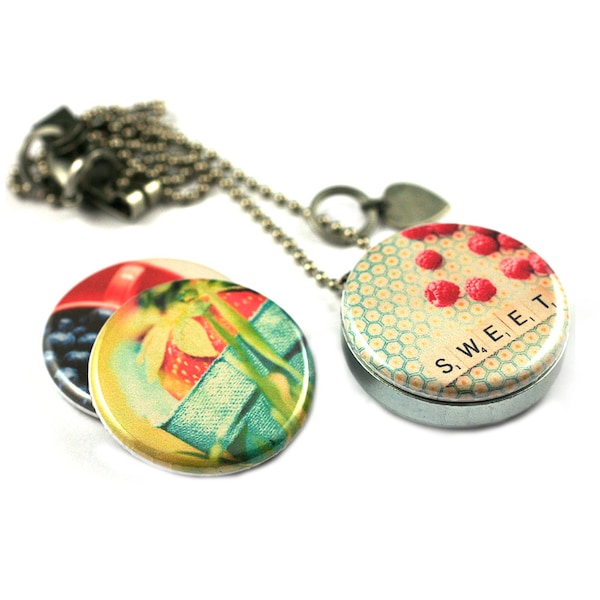 BERRY Sweet Locket Necklace • Summer Necklace • Fruit • Gardener Gift • Strawberry • Blueberry • Raspberry • 3 in 1 Magnetic Jewelry