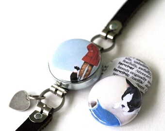 Boston Terrier Dog Bracelet - Magnetic Bracelet, Interchangeable - Black Leather Bracelet - Recycled Steel by Polarity - Michele Maule