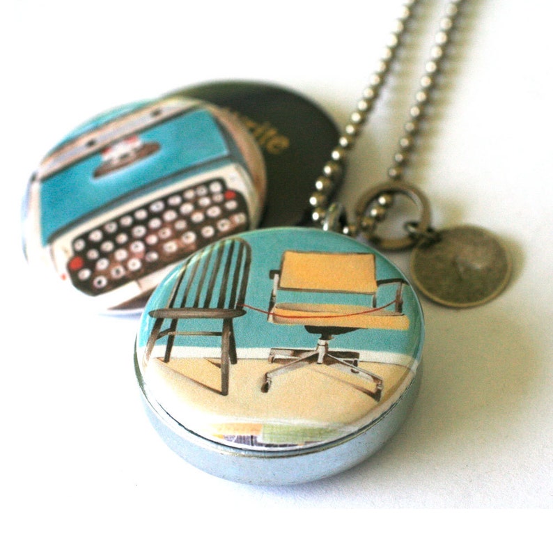 Blogger Locket Necklace Vintage Typewriter Jewelry, Custom Stamped Initial, Writer Gift, Desk Chairs, Michele Maule Artwork by Polarity image 3