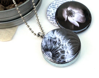 Dandelion Locket Necklace, Black and White Locket, Photography Locket, Dream Locket, Grandmother Gift, Eco Friendly, Polarity, Houseof6Cats