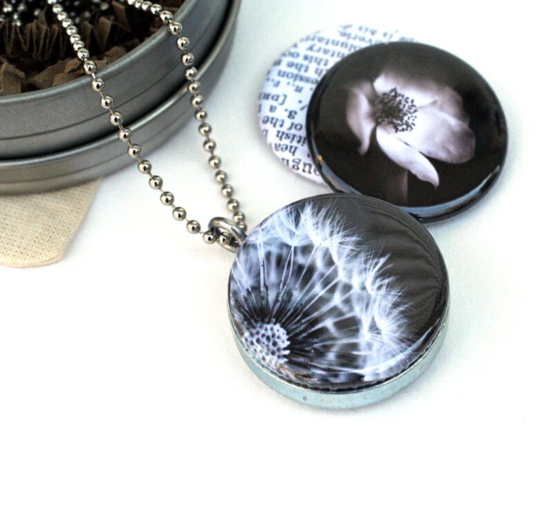 Dandelion Locket Necklace, Black and White Locket, Photography Locket, Dream Locket, Grandmother Gift, Eco Friendly, Polarity, Houseof6Cats image 1