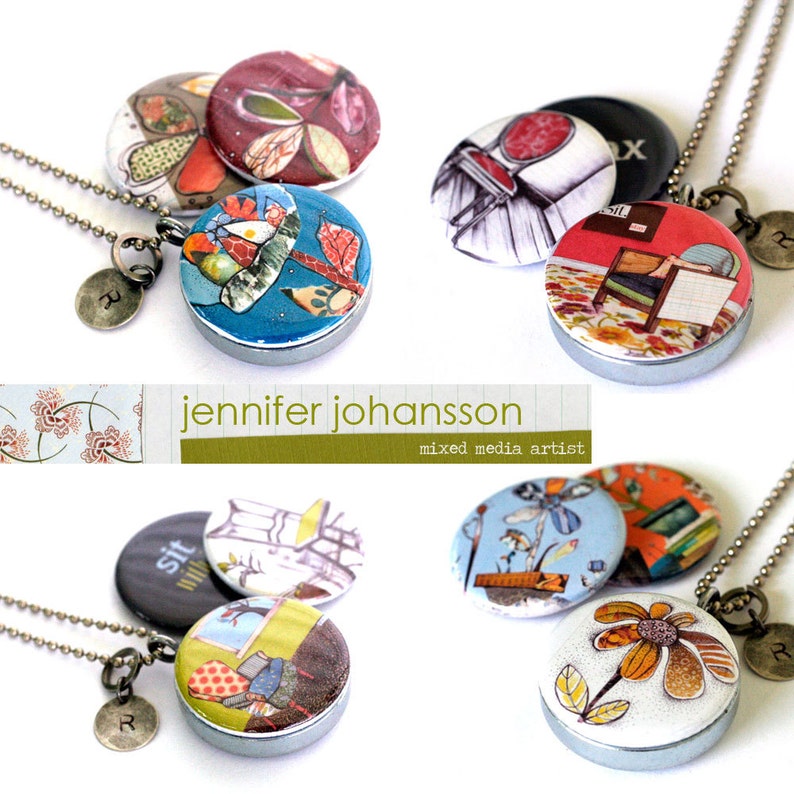 Relax Locket Necklace, Chair Collage Art, Wonderful Gift to Encourage Relaxation, Magnetic, 3 Pendant Set, Jennifer Johansson Art, Polarity image 4