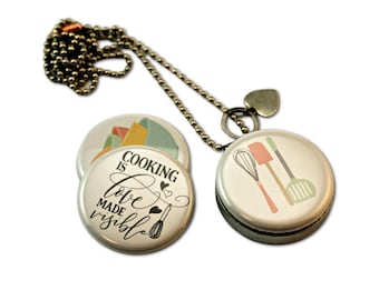 Cooking Locket Necklace • Gift for Cook • Cooking Jewelry • Gift for Her • Custom Stamped Initial • 3 Switchable Lids • Polarity Locket