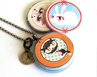 Cat Locket, Bird Locket, Rabbit Locket, Jewelry for Her, Cute Animal Necklace, 3 Lockets in 1, Artwork by Kanzilue, Cat Locket Necklace