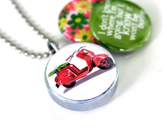 Scooter Locket Necklace, Scooter Jewelry, Journey, Red Scooter Necklace, Recycled, NEVER BORING, Magnetic Locket, by, Polarity