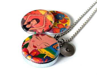 Mirror Locket - Flourish Locket - Colorful Locket - Stamped Locket - Flowers, Yoga - Magnetic Necklace -  Recycled by Polarity - Lori Portka