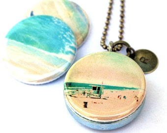 Beach Locket Necklace - Vacation Necklace California Ocean Surfer Stamped Custom Locket Magnetic Jewelry by Polarity and Myan Soffia
