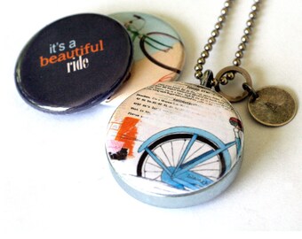 Bike Locket Necklace, Bike Jewelry, Bike Rider Gift, Bike Art Jewelry, Recycled Steel, 3 Necklaces in 1, Personalized Stamped Initial