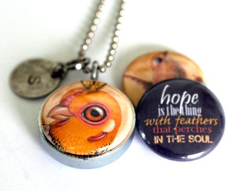 HOPE Locket Necklace, Emily Dickinson Quote, Bird Artwork, Silver Steel, Magnetic Jewelry, 3 in 1, Polarity, Cuddly Rigor Mortis Collection