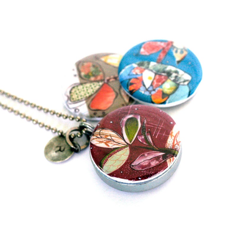 Colorful Floral Jewelry, Floral Locket Necklace, Collage Flower Art, Magnetic 3 in 1 Lockets, Gift for Her, Bold, Colorful Flower Necklace image 2