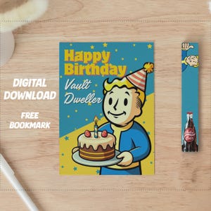 Fan art, Fallout, carte d'anniversaire. Habitant de l'abri, joyeux anniversaire, Nuka-Cola, marque-page, amusant, Vault-Tec, coloré, fête, jeux, joueur,