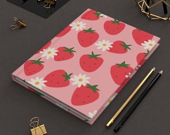 Cuaderno de tapa dura con estampado de fresas / Cuaderno con diseño de fresas rosas