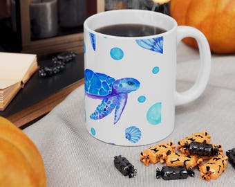 Taza de cerámica con diseño de tortugas marinas