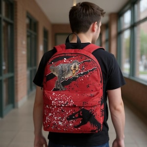 May include: Red backpack with a dinosaur design. The backpack features a Tyrannosaurus Rex image and a black dinosaur silhouette. White paint splatter details the design. The backpack is worn by a person.