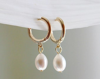 Freshwater Pearl Hoop Earrings, Large Baroque Pearl Earrings, Gold Pearl Huggie, Wedding Jewelry, Bridesmaids Gift, Handmade Gift For Her
