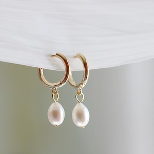 Freshwater Pearl Hoop, Dangle Natural Pearl Earrings, Sterling Silver Pearl Hoop Earring, Wedding Earring, Anniversary Gift for Her