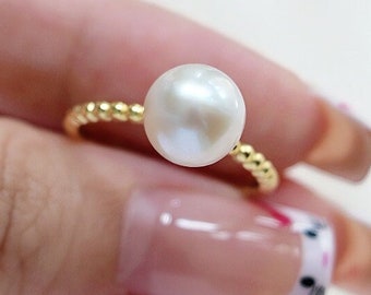Anillos De Perlas De Agua Dulce Simples Y Elegantes, Anillo De Compromiso De Oro De 14K Con Perla Para Mujer