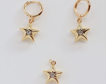 Star Dangle Hoop Earrings, CZ Celestial Earrings, Huggie Hoop Earrings, Gold Hoop Earrings, Cubic Zirconia Minimalist Earrings, Gift for Mom