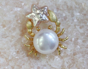 Handmade Crab Star Pearl Pendant Necklace with Natural Freshwater Pearl, Animal Pearl Pendant, Ocean Accessory, Sea Lover&#39;s Gift