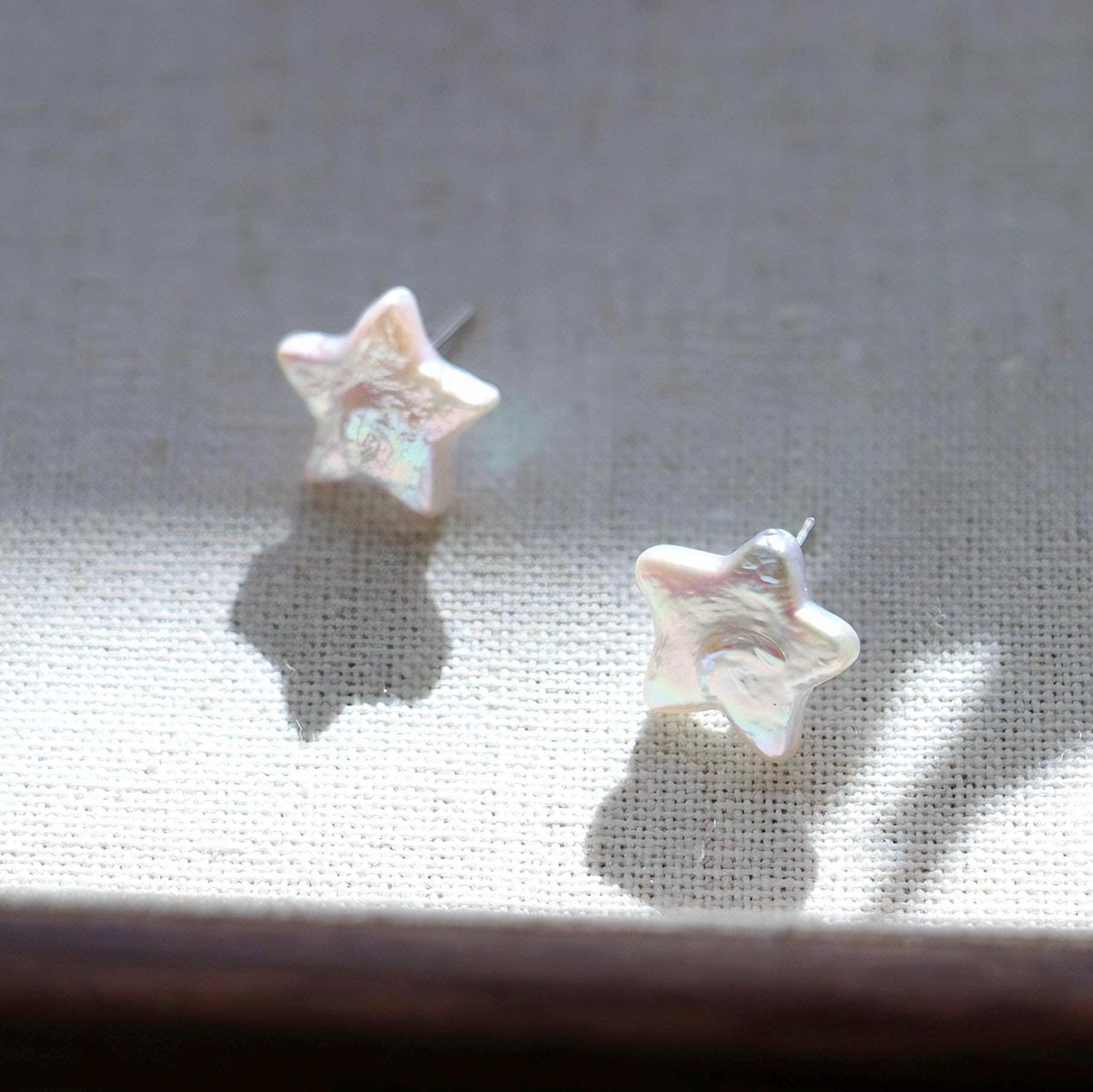 Freshwater 12mm Star Pearl Sterling Silver Earring Stud, Dainty Iridescent Baroque Star Pearl Stud, Celestial Earring,Christmas Gift For Her