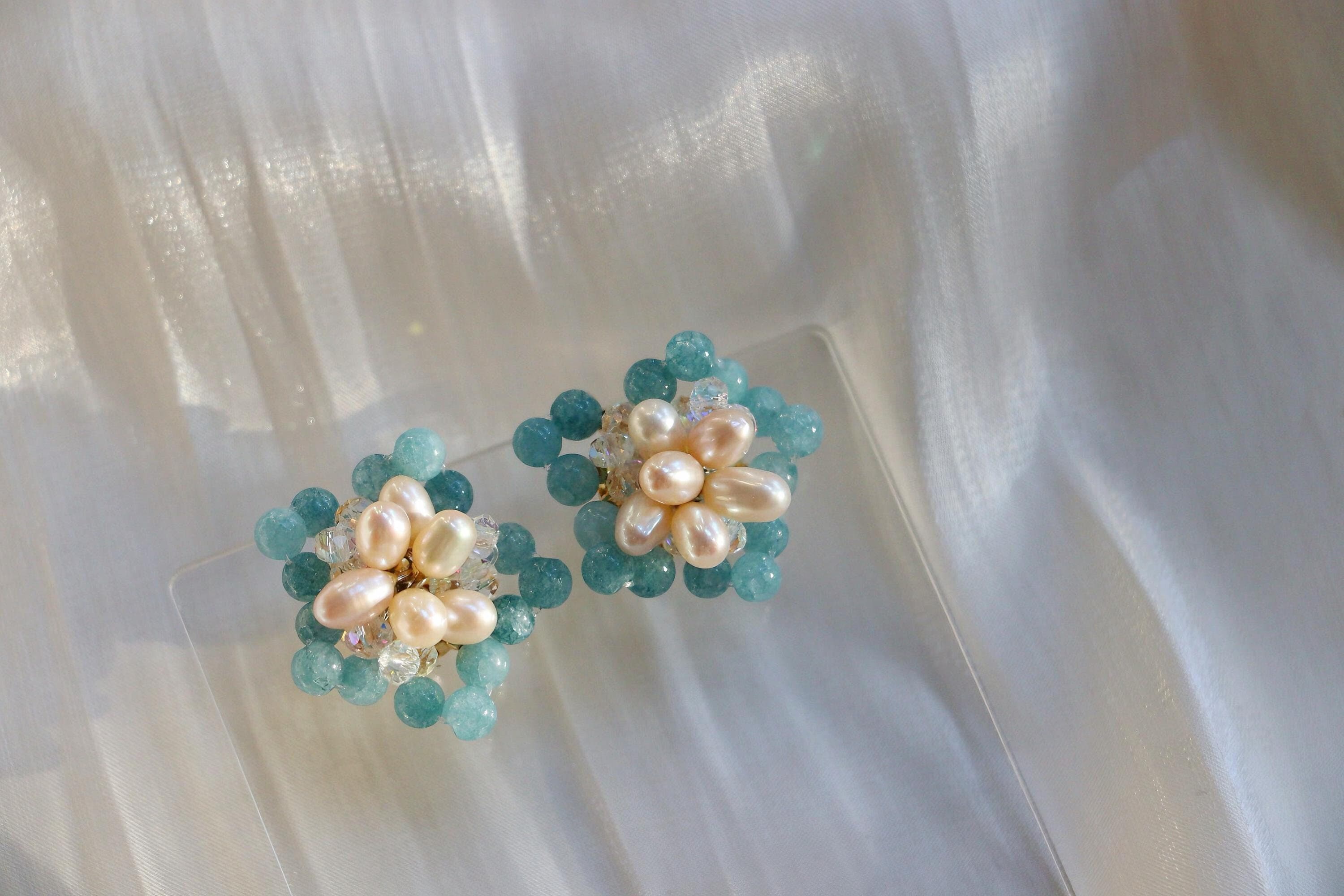 Flora Freshwater Pearl Stud Earring, Natural Handmade Beaded
