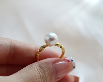 Grote natuurlijke parelring met diamant, sierlijke zoetwaterparelring, gouden unieke ring, minimalistische ring, verlovingsring, cadeau voor haar
