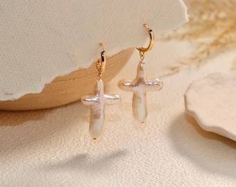 Large Freshwater Pearl Cross Earrings Hoop, Natural Pearl Cross Hoop, 18K Gold Pearl Dangle Earring, Gift For Her, Bridesmaids Gift